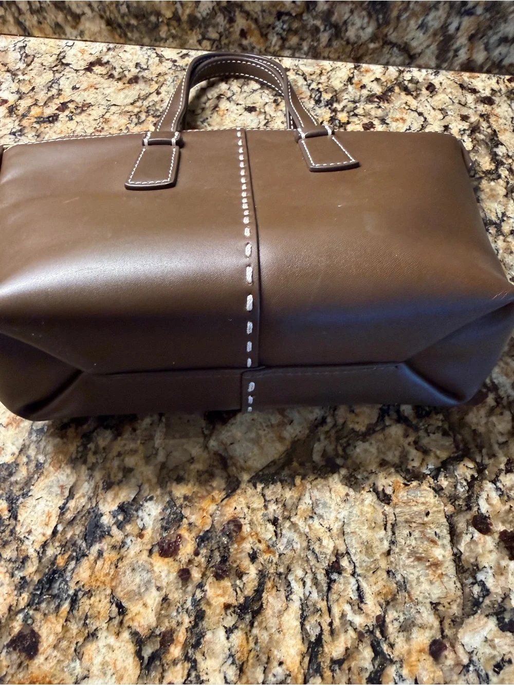 Tory Burch Dark Brown Leather Top-Handle Satchel with White Stitching